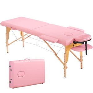 PrimeZone Portable Massage Table Lash Bed- 2 Folding Massage Bed, Height Adjustable Pink Tattoo Lash Table with Accessories, Professional Wooden Spa Table for Eyelash, Facial, Home, Therapy, 84" x 32"
