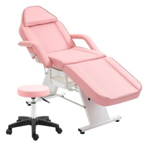 KEIKI Massage Salon Tattoo Chair Esthetician Bed with 2 Tray, Hydraulic Stool, Wide Leg Multi-Purpose 3-Section Facial Bed Table with Adjustable Barber Spa Beauty Equipment, Easy Assembly, Pink