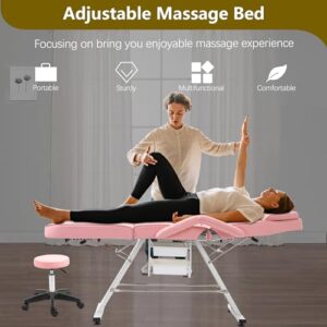 KEIKI Massage Salon Tattoo Chair Esthetician Bed with 2 Tray, Hydraulic Stool, Wide Leg Multi-Purpose 3-Section Facial Bed Table with Adjustable Barber Spa Beauty Equipment, Easy Assembly, Pink - Image 6