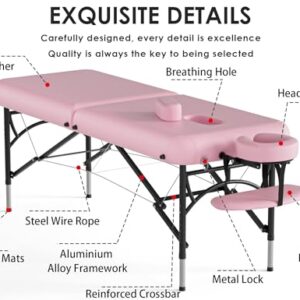 CLORIS 84" Professional Massage Table Portable 2 Folding Lightweight Facial Salon Spa Tattoo Bed Height Adjustable with Carrying Bag & Aluminium Leg Hold Up to 1100LBS Pink - Image 6