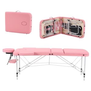 YOUNIKE Portable Massage Table Professional Aluminum Alloy 3 Folding with Backrest Lightweight Height Adjustable Lash Bed Facial Spa Beauty Salon Tattoo Home Fully Accessories Pink