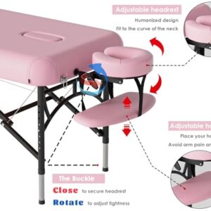 CLORIS 84" Professional Massage Table Portable 2 Folding Lightweight Facial Salon Spa Tattoo Bed Height Adjustable with Carrying Bag & Aluminium Leg Hold Up to 1100LBS Pink - Image 3