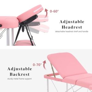 YOUNIKE Portable Massage Table Professional Aluminum Alloy 3 Folding with Backrest Lightweight Height Adjustable Lash Bed Facial Spa Beauty Salon Tattoo Home Fully Accessories Pink - Image 5