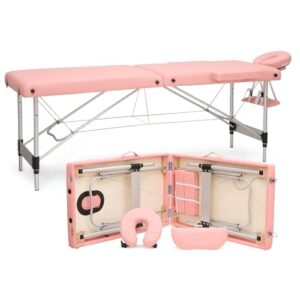MoNiBloom Portable Massage Table - 82" Height Adjustable SPA Bed, Foldable w/Carry Case, Aluminum Alloy Frame, Pink