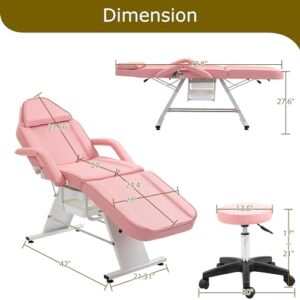 KEIKI Massage Salon Tattoo Chair Esthetician Bed with 2 Tray, Hydraulic Stool, Wide Leg Multi-Purpose 3-Section Facial Bed Table with Adjustable Barber Spa Beauty Equipment, Easy Assembly, Pink - Image 3