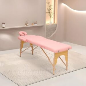 MoNiBloom Massage Table 2 Fold Portable Massage Table 82" Massage Bed Height Adjustable SPA Bed w/Carry Case Beechwood Frame Foldable Massage Table, Pink - Image 3