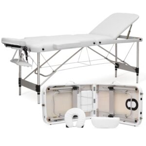 MoNiBloom 3 Fold Portable Massage Table - 82" Height Adjustable SPA Bed w/Carry Case & Aluminum Alloy Frame, White