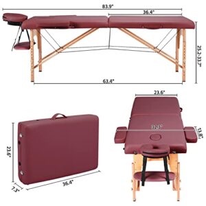 Yaheetech Massage Table Portable Lash Beds Spa Bed Massage Couch Foldable Spa Tables Adjustable 2 Fold with Non-Woven Bag 24 inch, Burgundy - Image 3