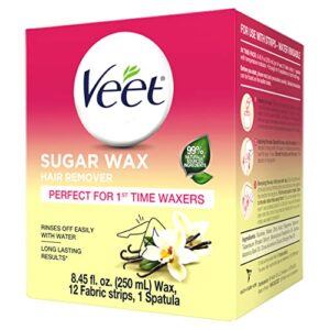 Hair Removal Wax - VEET Sugar Wax, Hair Remover Waxing Kit with Essential Oils and Floral Vanilla Fragrance, 250ml Wax and 12 Fabric Strips with 1 Spatula