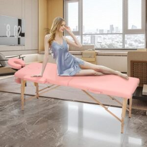 MoNiBloom Massage Table 2 Fold Portable Massage Table 82" Massage Bed Height Adjustable SPA Bed w/Carry Case Beechwood Frame Foldable Massage Table, Pink - Image 4