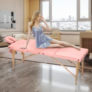 MoNiBloom 3 Fold Portable Massage Table - 82" Height Adjustable SPA Bed, Pink - Image 4