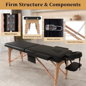 civama Massage Table Massage Bed Portable, 29 LBs Light Weight 2 Section Foldable Tattoo Bed Facial Care Spa Lash Bed Height Adjustable Sturdy Wooden Frame with Accessories Carrying Bag, Black - Image 6