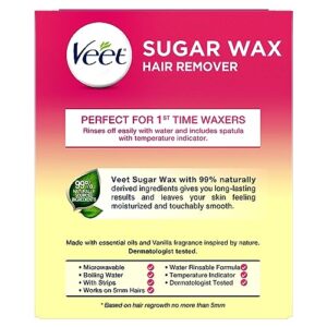 Hair Removal Wax - VEET Sugar Wax, Hair Remover Waxing Kit with Essential Oils and Floral Vanilla Fragrance, 250ml Wax and 12 Fabric Strips with 1 Spatula - Image 12