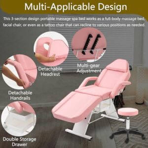 KEIKI Massage Salon Tattoo Chair Esthetician Bed with 2 Tray, Hydraulic Stool, Wide Leg Multi-Purpose 3-Section Facial Bed Table with Adjustable Barber Spa Beauty Equipment, Easy Assembly, Pink - Image 7