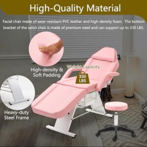 KEIKI Massage Salon Tattoo Chair Esthetician Bed with 2 Tray, Hydraulic Stool, Wide Leg Multi-Purpose 3-Section Facial Bed Table with Adjustable Barber Spa Beauty Equipment, Easy Assembly, Pink - Image 5